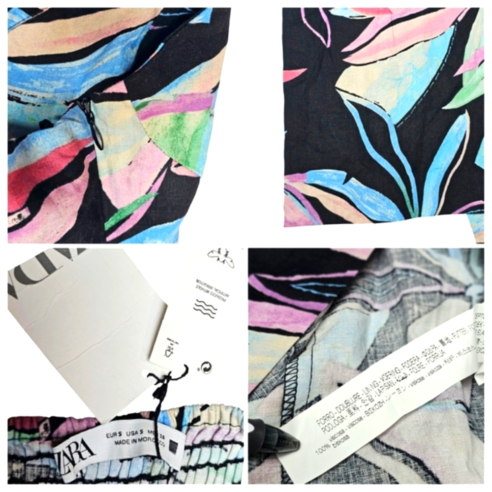 🆕️Zara Linen Floral Tropical Black & Pink Corset Faux Wrap Summer Dress - Picture 14 of 14